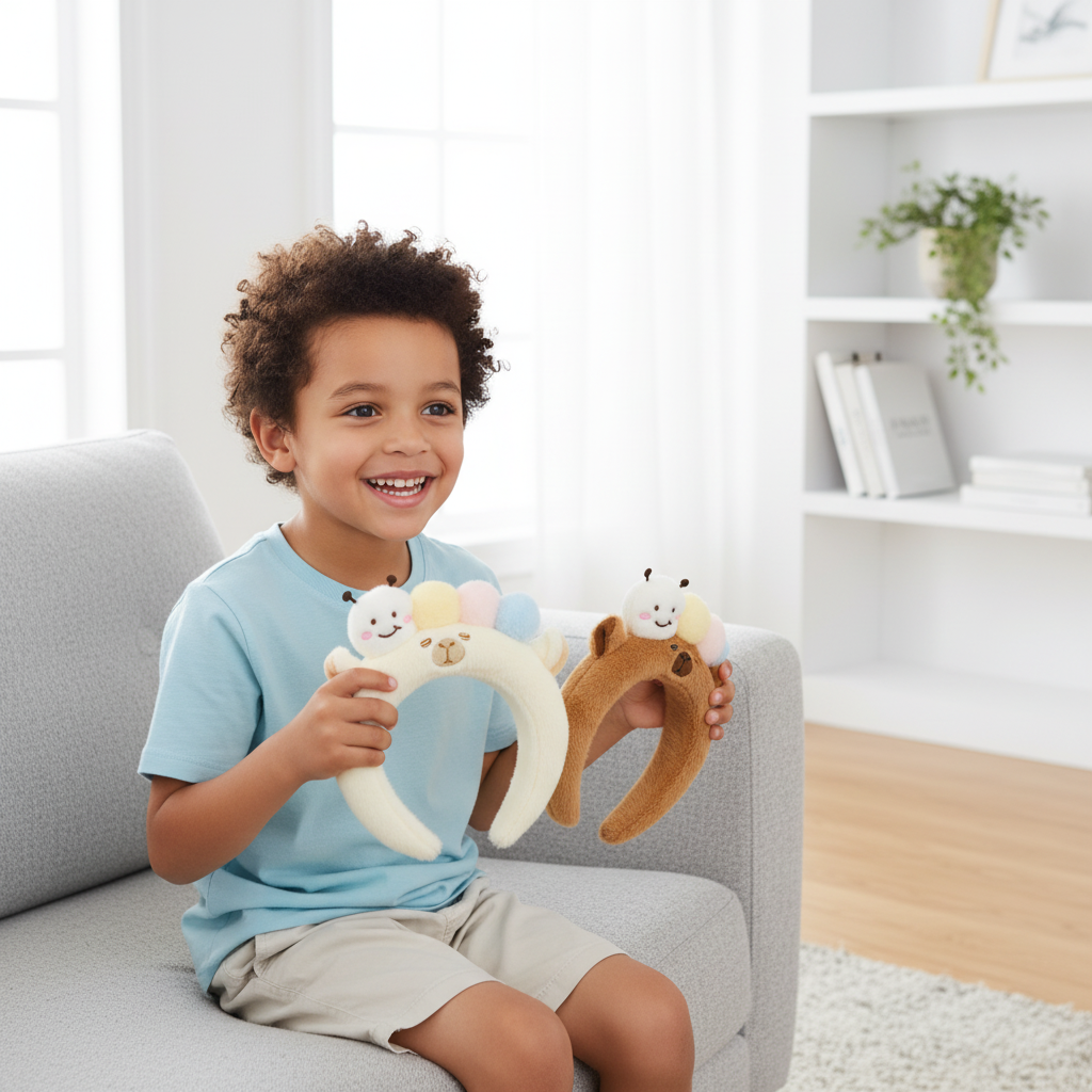 Plush Bear Headband with Pastel Pom-Poms